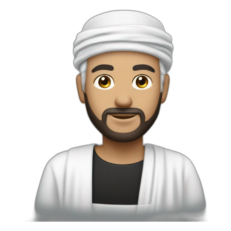 White man wearing black omani musar (head cover), with white dress sticker