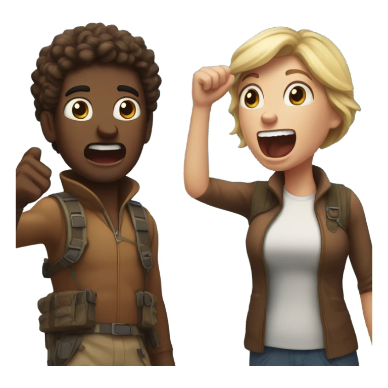 White man and brownie-skinned woman yelling from a mountain top sticker