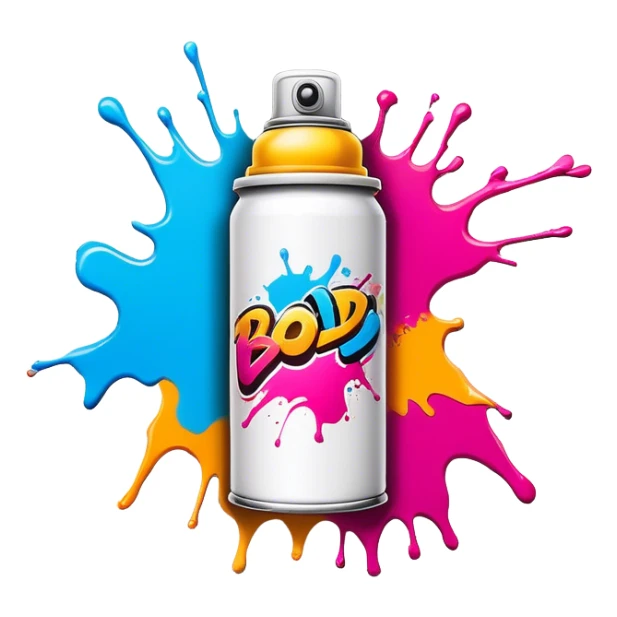 Graffiti icon, spray paint can, brick wall with graffiti artwork and bold text, colorful spray paint splashes, urban style, vibrant colors, minimalistic design, clean lines, transparent background. sticker