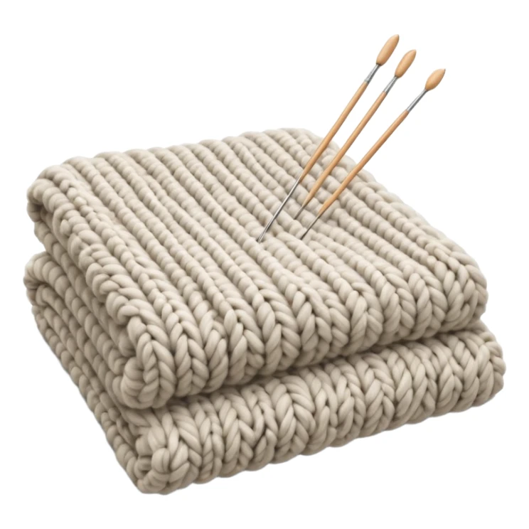 Highly detailed, ultra realistic half finished, Chunky wool, beautiful soft wool blanket, with a pair of realistic knitting needles, still life sticker