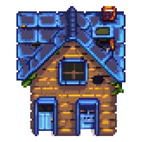 modern house with blue solar panels on the roof, pixel art style sticker
