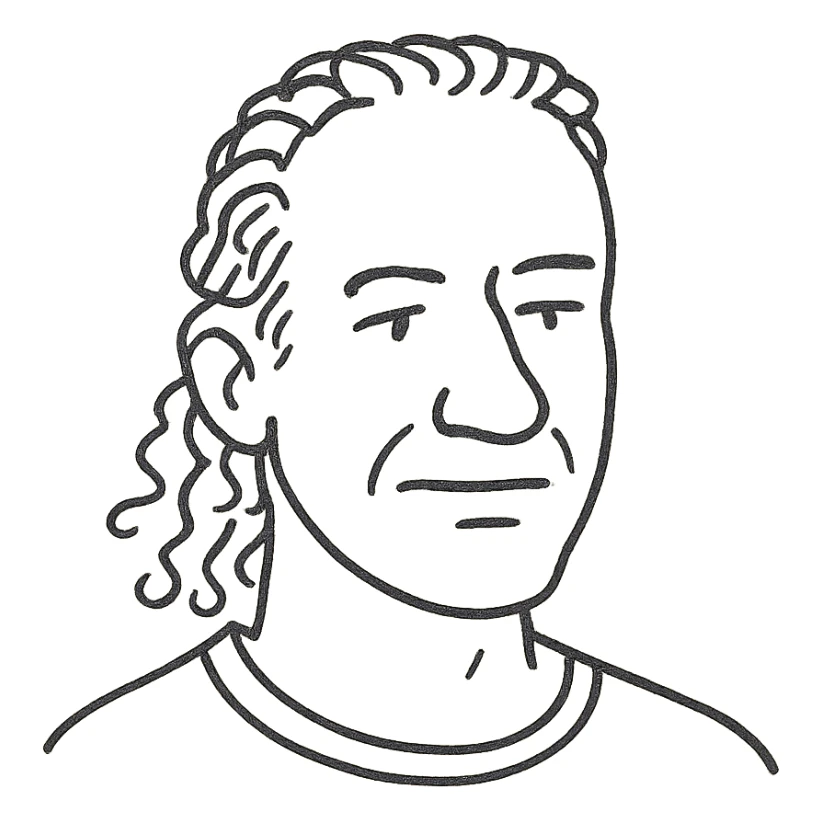 white man in his 40s with long tight curly hair and short sides sticker