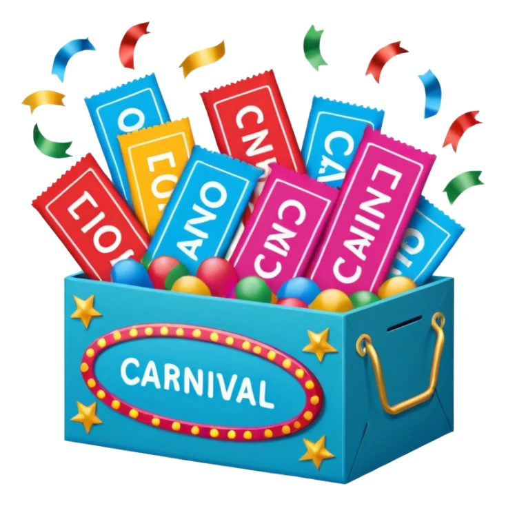 a box with the words "carnival pack" with tickets as a bundle, confetti in it etc  sticker