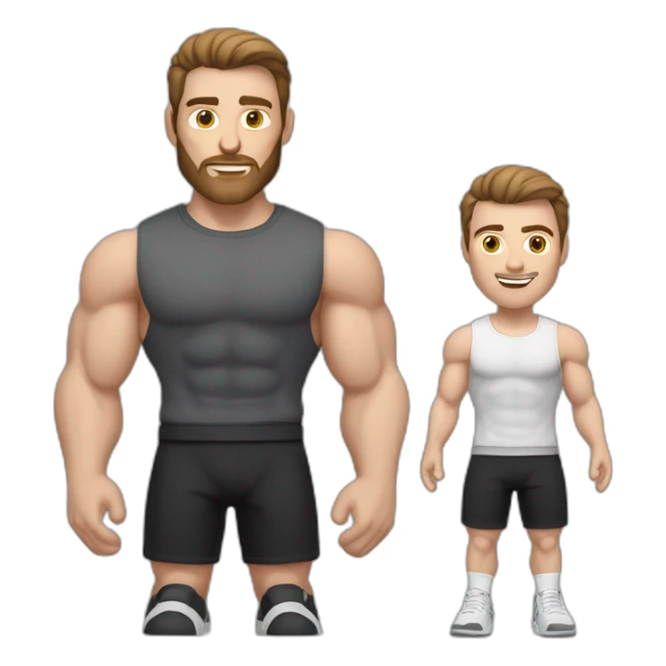 Close up Actively gesturing  with hands Pale skinned Fit Man With the biceps and brown hair in dark gray Sleeveless Mike, black oversize sports shorts, watch and white Sneakers sticker