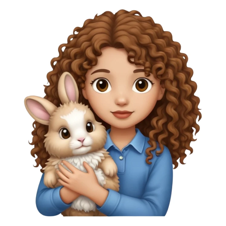 cute light skin curly brown haired girl holding a lionhead rabbit sticker