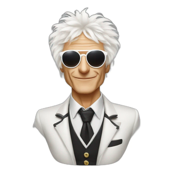 michel polnareff avec des lunettes de soleil blanches, des cheveux longs, vieux et avec un costume sticker