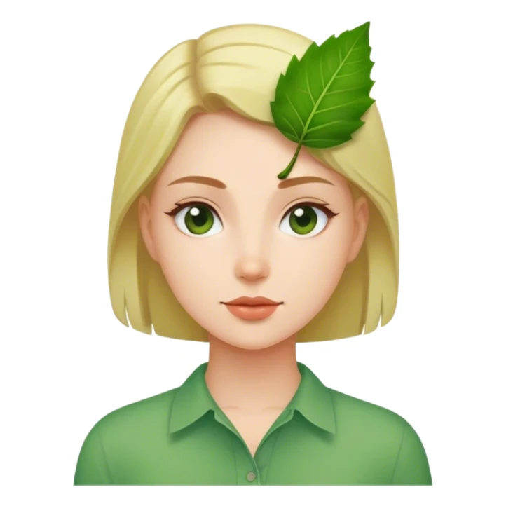 woman in green shirt with leaf sticker