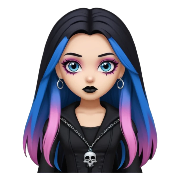 goth bratz baddie, beautiful blue eyes, gothic black makeup, long straight black-pink hair, black gothic hair styled, black goth clothes sticker