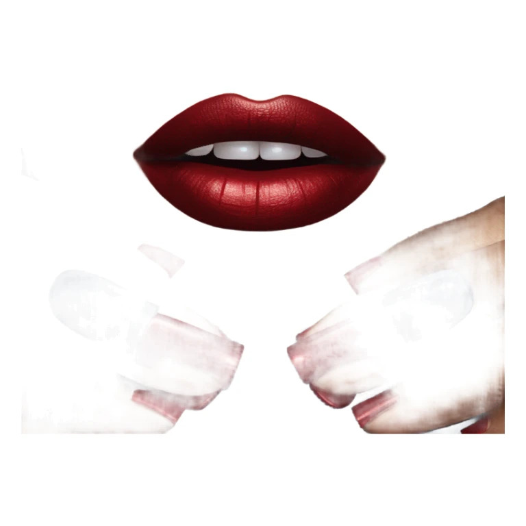 long dark blue manicure at the mouth with red lipstick sticker