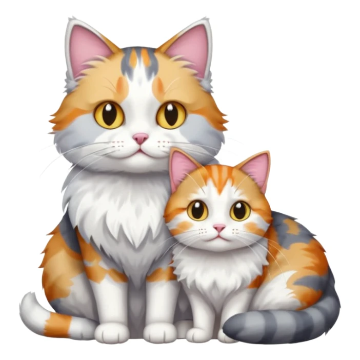full body colourful light patched calico + white tabby cat cuddling a big grey and white cat  sticker