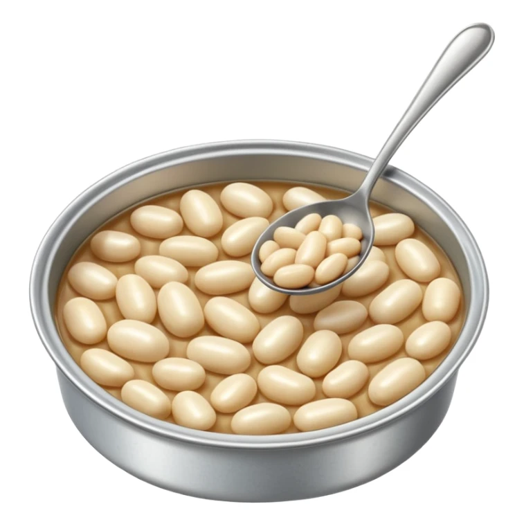 open tin can filled with plump glossy white beans in light slightly starchy broth, smooth oval beans gently piled with natural glisten, metallic shallow partially opened can, no label spoon or garnish, soft lighting, subtle shadows, emoji scale sticker