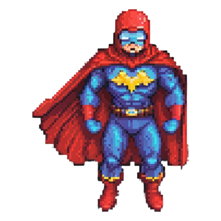 Omni-Man from Invincible, action pose, red cape, iconic mustache, superhero costume, pixelated details, pixel art style sticker