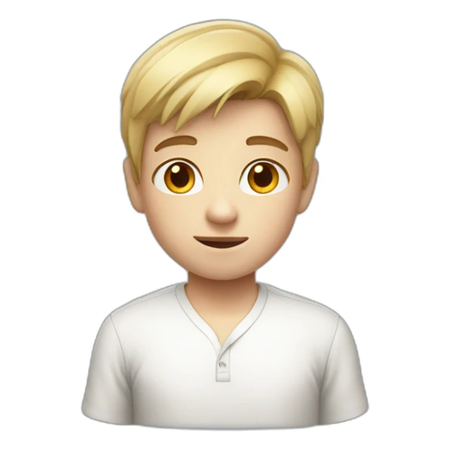 A boy with a short hear has a white skin wearing shirt  sticker