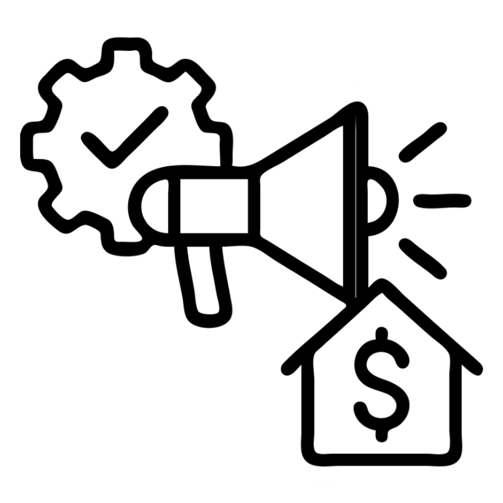 Ícono de real estate que refleje que tenemos un Marketing de lujo con Ejecución impecable, ya que las propiedades de nuestros clientes no solo se publican, sino que se les hace promoción activamente. Nuestro equipo especializado es experto en vender propiedades como lo hacen las marcas de lujo: con estrategia, estética y storytelling. sticker