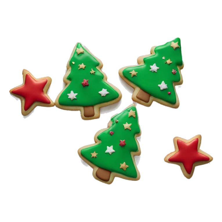 3 Christmas cookies shaped like stars and trees with red, green, and white icing, sprinkled with edible glitter sticker