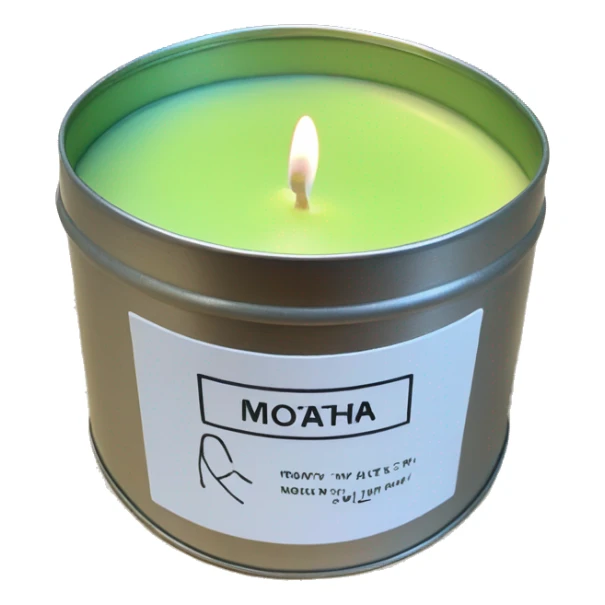 realistic lit matcha scented candle in a silver tin with a small white label that says ‘matcha’ sticker