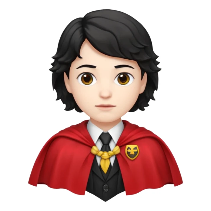 Pale skin, short black wavy hair, red and black cape, tie. A traditional vampire look. sticker