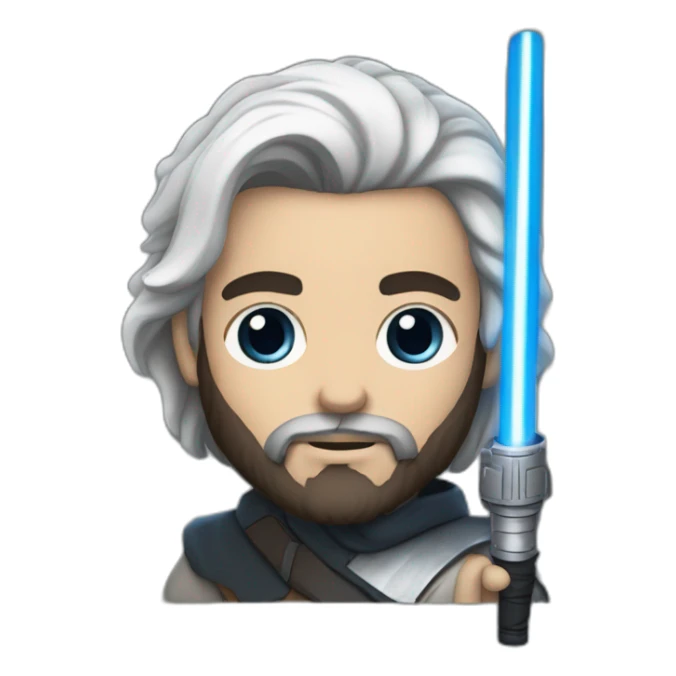 A white Portuguese with black and medium-length hair and a beard that holds a blue lightsaber sticker