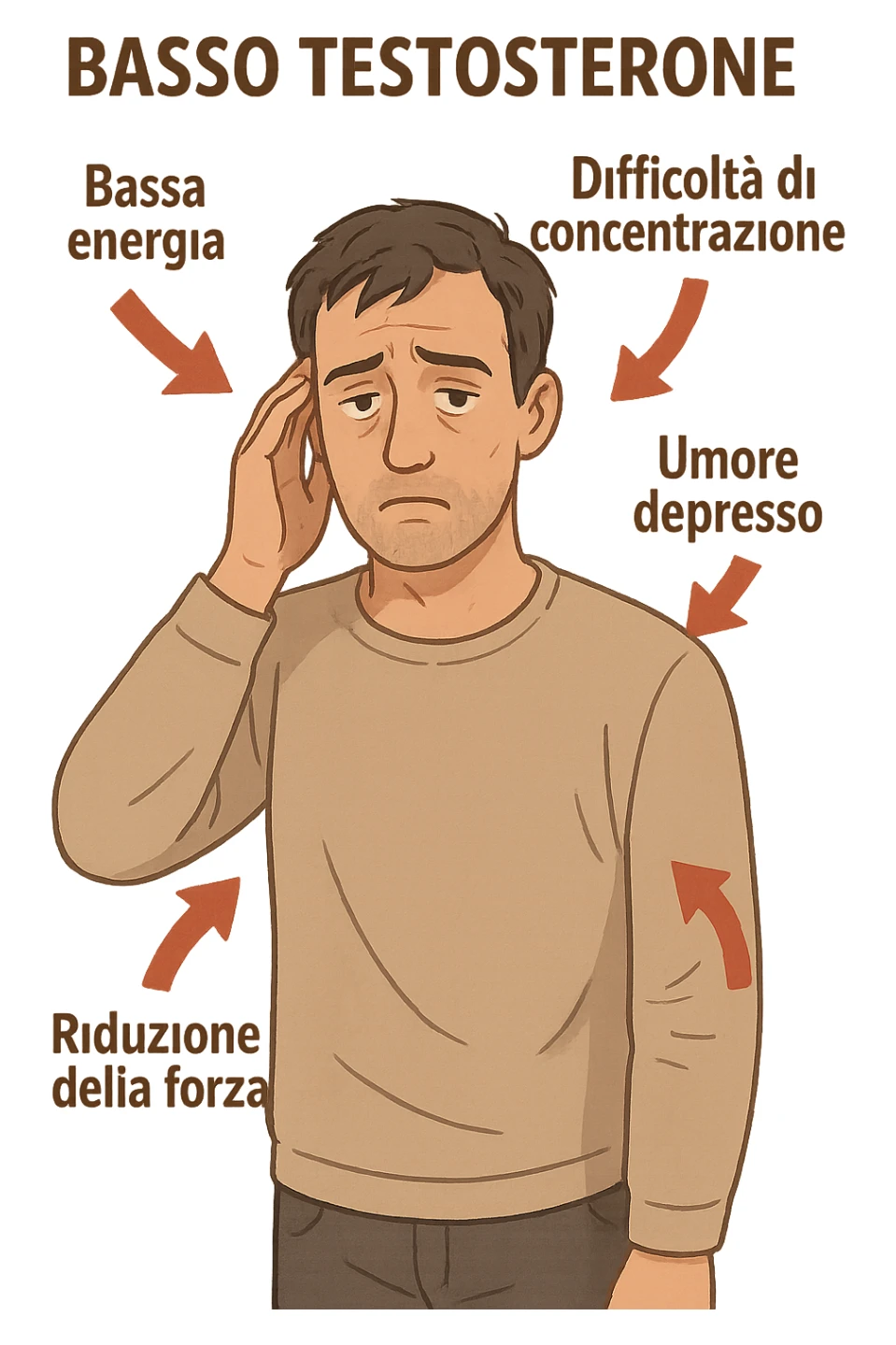  un uomo con espressione affaticata, circondato da frecce rosse che evidenziano sintomi di testosterone basso. Le frecce sono accompagnate da scritte in italiano come “Bassa energia”, “Difficoltà di concentrazione”, “Umore depresso”, “Riduzione della forza”. L’ambiente è semplice, con colori neutri e dettagli realistici. sticker