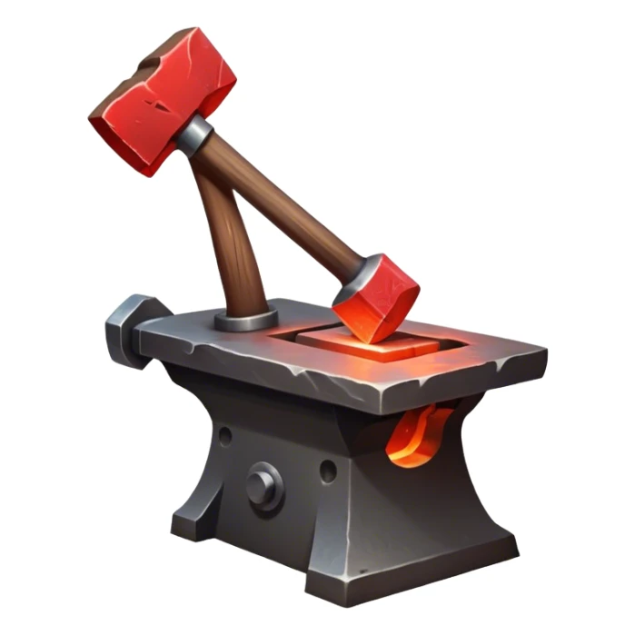 Blacksmithing icon, piece of metal being hammered on an anvil, blacksmith's hammer, sparks flying, glowing red metal, forge in the background, minimalistic style, clean lines, transparent background. sticker