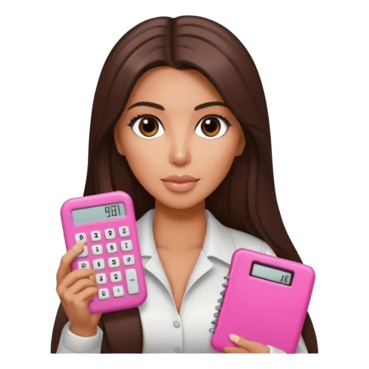 Hyper realistic kim kardashian with long straight brown hair holding a small pink calculator in her hand sticker