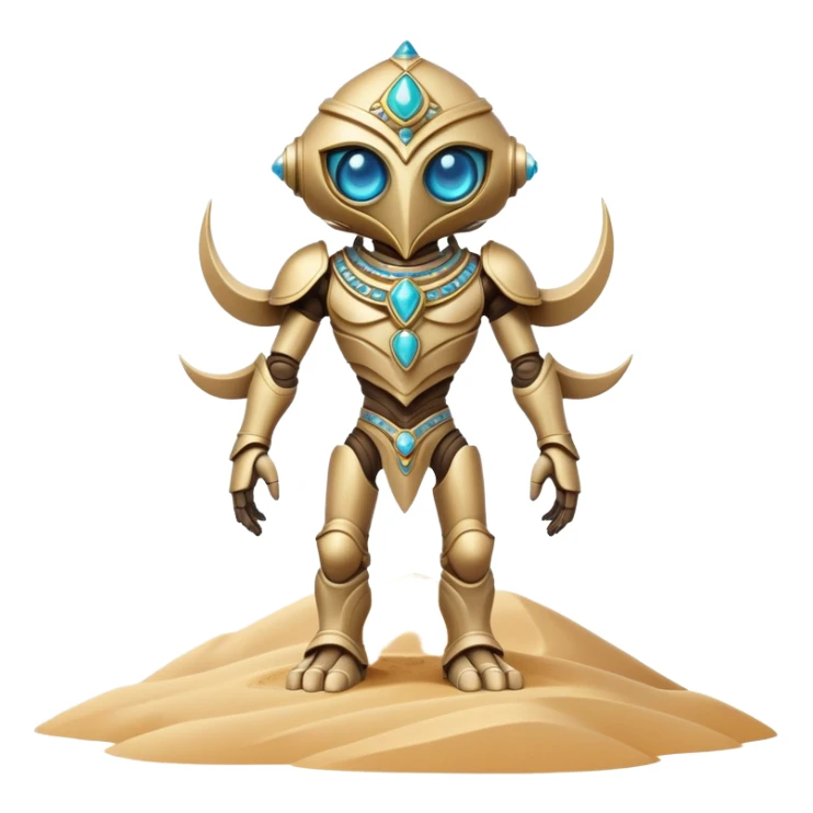 A guardian made of interlocking dunes that forms temporary bodies from compressed sand, adorned with gemstone eyes that change color to warn of approaching sandstorms or oasis locations. full body sticker