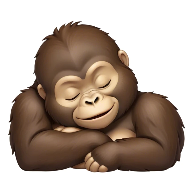 Meme-Worthy cute Sleeping Gorilla Portrait Emoji, Head resting peacefully with a contented smile, showcasing a luxuriant, thick Fur and eyes gently closed in serene slumber, Simplified yet hilariously adorable features, highly detailed, glowing with a soft, drowsy jungle light, high shine, relaxed and utterly lovable, stylized with an air of playful laziness, bright and heartwarming, soft glowing outline, capturing the essence of a sleeping gorilla that feels destined to become the next viral sensation of adorable rest! sticker