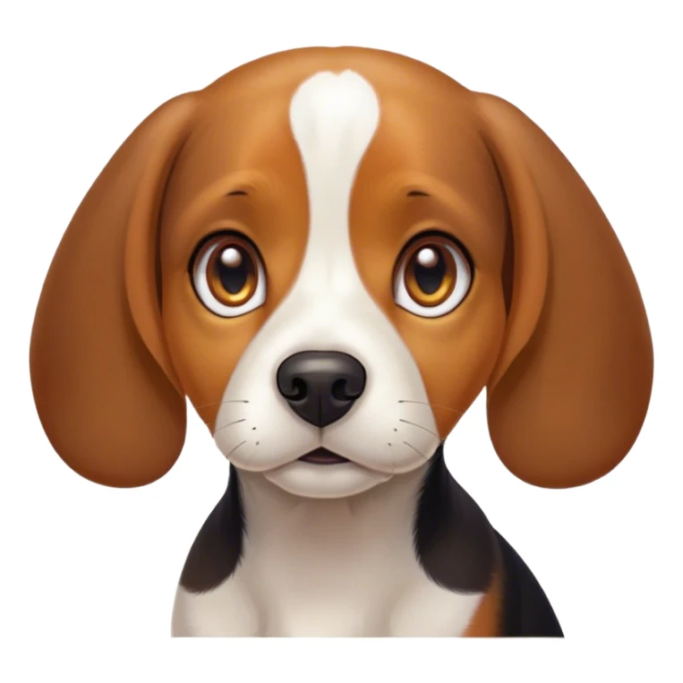 Cinematic Cute Tri-Color Beagle Portrait Emoji, Head tilted playfully and inquisitively, featuring a soft tri-color coat of white, brown, and black with floppy ears, round, sparkling hazel eyes filled with curiosity, Simplified yet irresistibly adorable features, highly detailed, glowing with a warm, friendly glow, high shine, affectionate and lively, stylized with a touch of whimsy, bright and endearing, soft glowing outline, capturing the essence of a mischievous yet loving pup, so playful it feels like it could bound out of the screen and into your arms! sticker