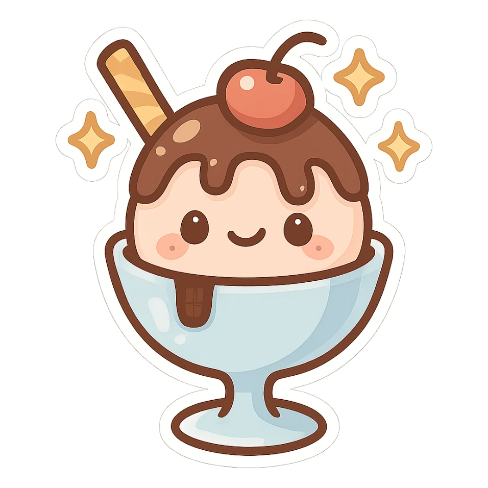 chibi sticker-style ice cream sundae with sparkles, cute and exaggerated sticker