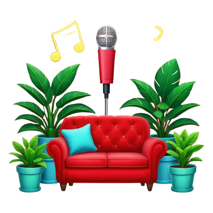 red velvet couch, stand microphone, houseplants, neon sign "karaoke" sticker