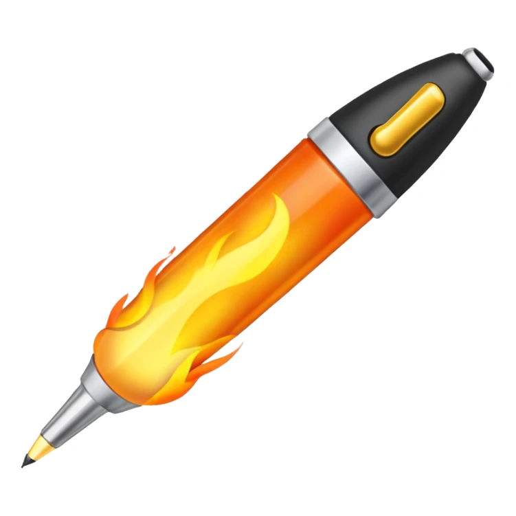 a pen, with a fire coming out of the ballpoint writing end of it sticker