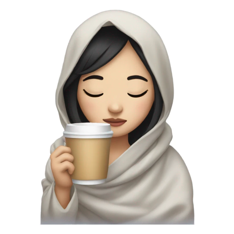 Asian girl inside a blanket sipping coffee eyes closed black hair sticker