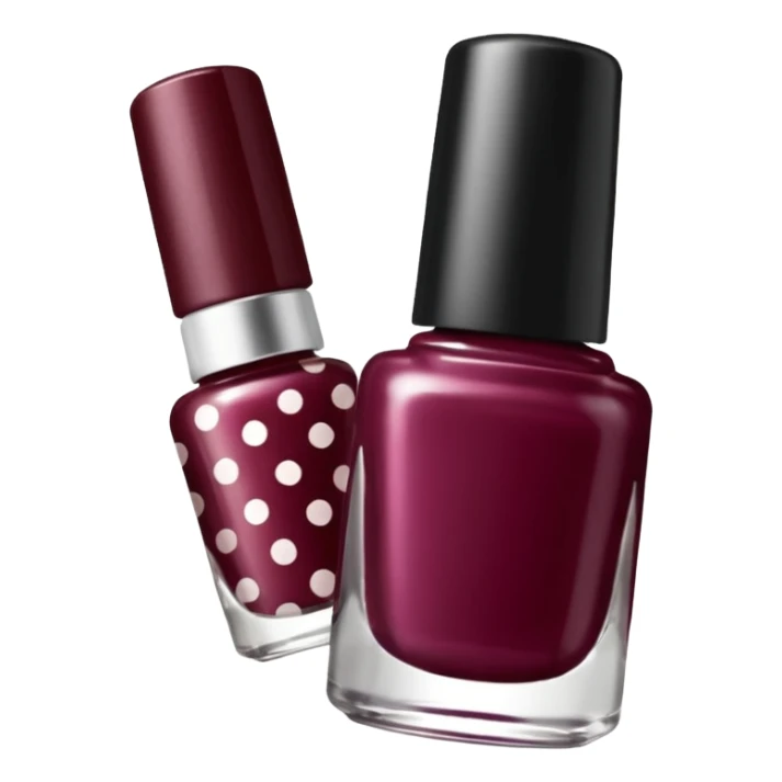 burgundy nail polish bottle, nail polish has light gold iridescence, cap is black with white polka dots, cinematic emoji sticker