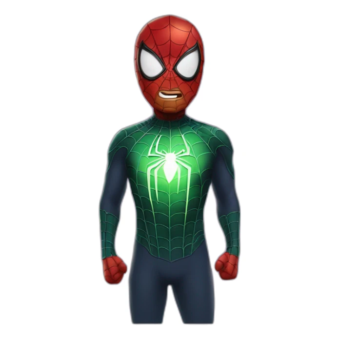 a man in a spider-man costume, but instead of a head there is a glowing light bulb sticker