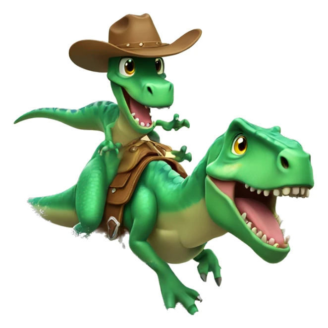rex dinosaur surfing a wave dressed as a cowboy and his hat is green sticker
