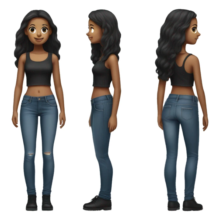 stylish girl in denim jeans, using a black short top. with a realistic nose, and black straight and long hair but no 100% black sticker