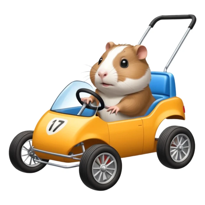 Racing car whose frame and suspension is made of shopping cart material with a large rear spoiler is being professionally steered driven by a small thin Guinea pig  sticker