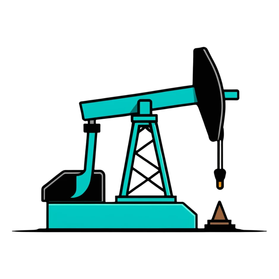 Oil pumpjack (nodding donkey), minimalist design with soft gradients in sky blue, teal green, white, and light gray sticker