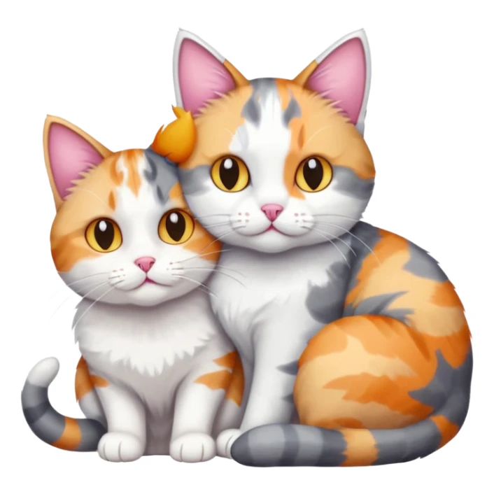grey and white cat cuddling a colourful light patched calico + white tabby cat sticker