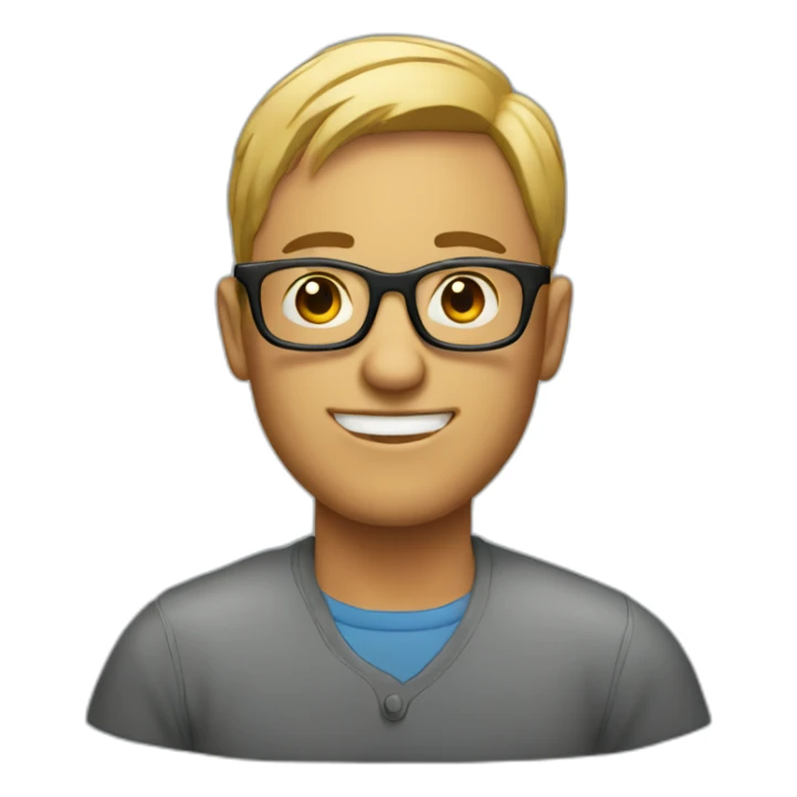 man with laptop in front wearing round glasses sticker