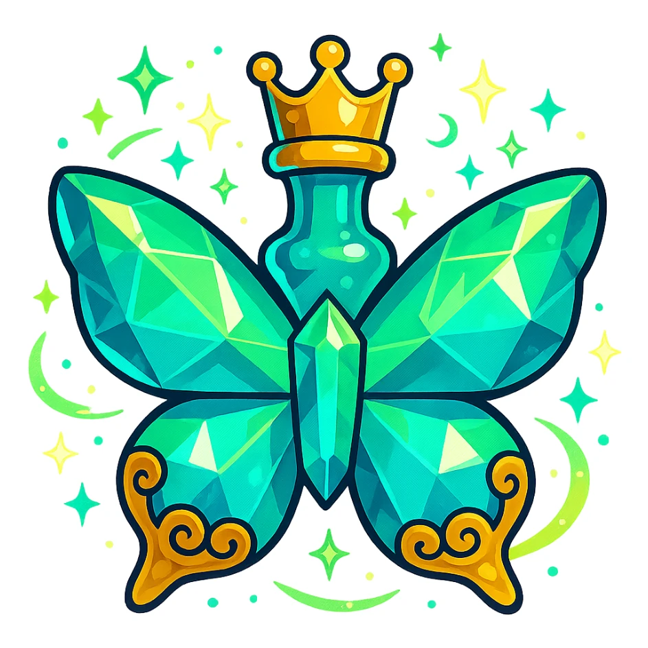 luxurious crystal butterfly-shaped bottle with a short neck and princess crown, green and blue colors, lots of glow, ornaments, magical effects, golden details, floating in air, transparent background sticker