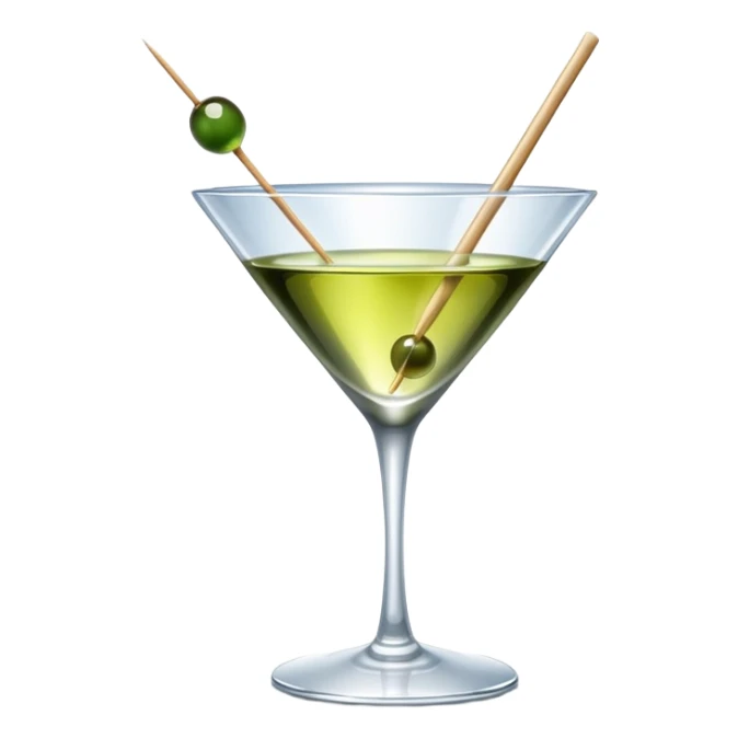 martini glass with crystal clear transparent liquid and an olive at the bottom skewered by a toothpick sticker