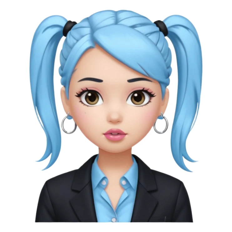 generate a pretty bratz girl wearing a light blue full sleeve shirt and a black blazer over it. silver small hoops, pink lipgloss. black hair tied up in a ponytail sticker