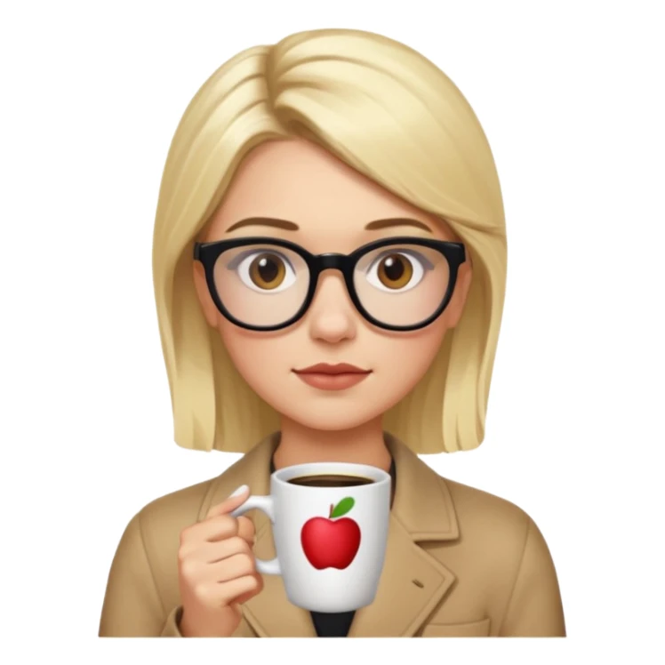 Chanel Oberlin, blonde hair, brown eyes, glasses, acne, dark eyebrows, holding a coffee cup, apple emoji style sticker