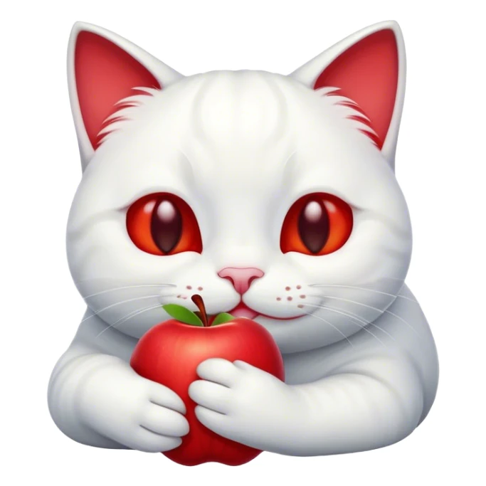 White cat smiling resting its head on and holding a red apple  sticker