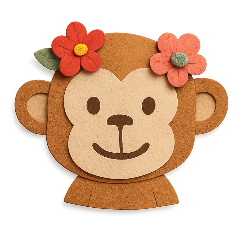 paper craft style monkey with flowers, bust up sticker