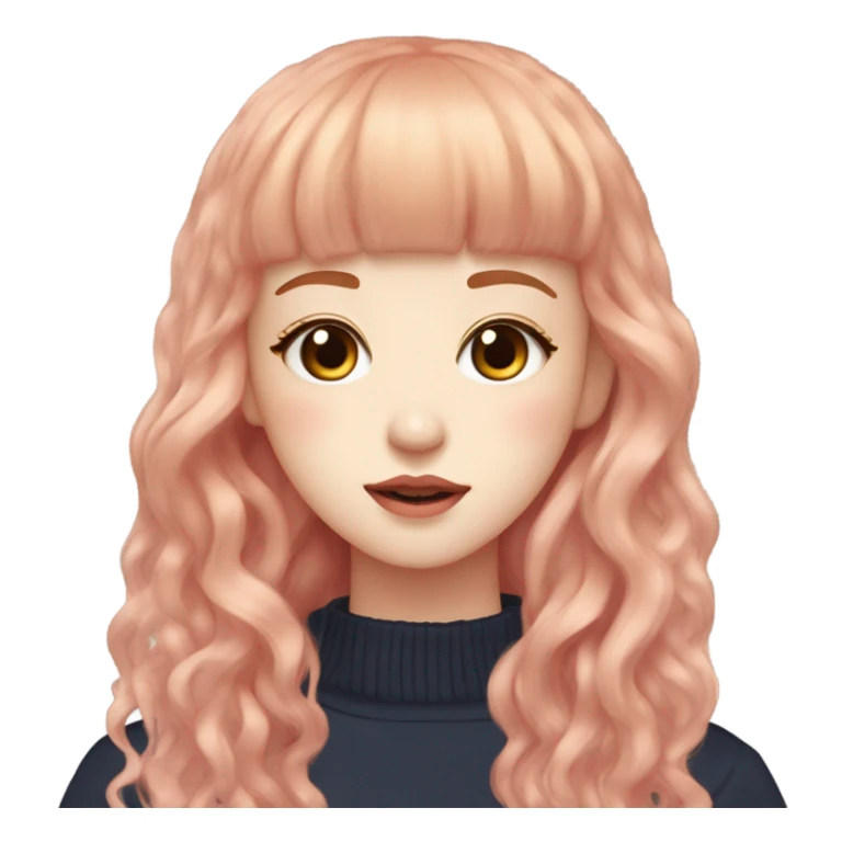 Minju Illit: clear and soft eyebrows, big eyes with big pupils, monolids, soft pink lips,pale and clear skin, long wavy ginger hair with bangs sticker