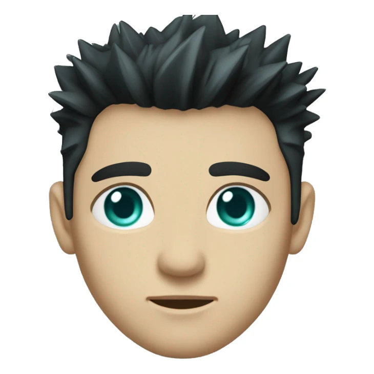 have short, spiky, jet-black hair with teal highlights emphasize his sharp, intense look. have teal eyes are striking and appear piercing or cold, reflecting his focused and calculating personality. sticker
