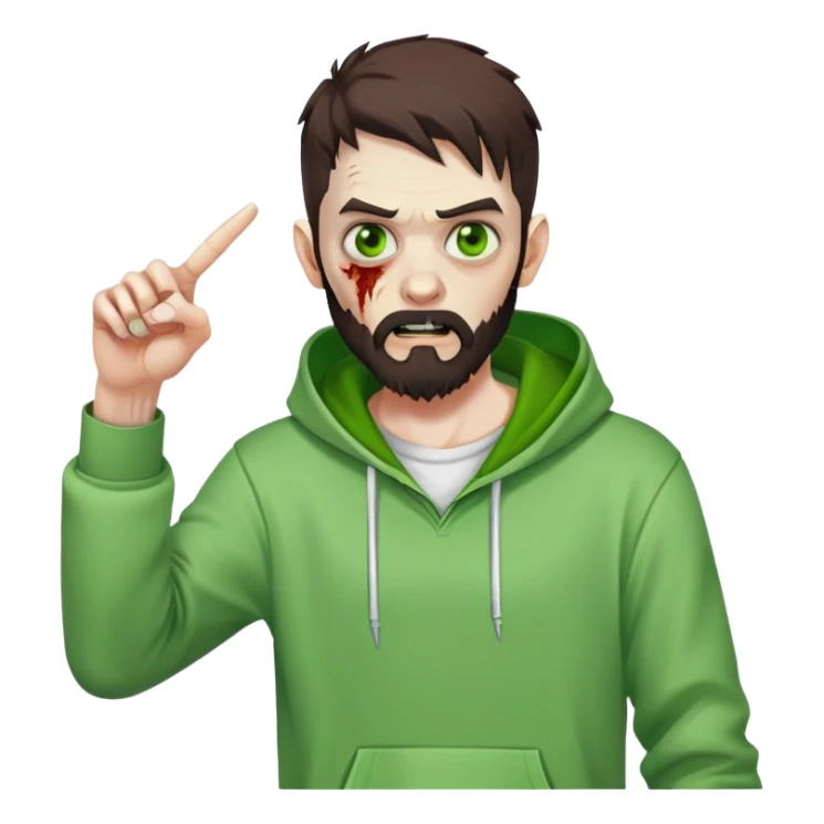 zombie pointing finger, undercut hairstyle with dark brown hair, short full beard, bright green eyes, wearing plain white hoodie sticker