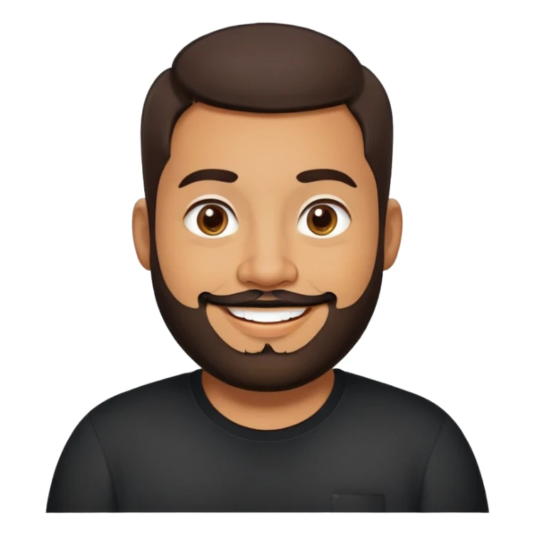 Heavier-set producer with light brown skin, pear-shaped face, full cheeks, big cheerful smile, warm inviting eyes, thick eyebrows, wide nose, short well-groomed beard, very short dark hair, wearing a black shirt sticker
